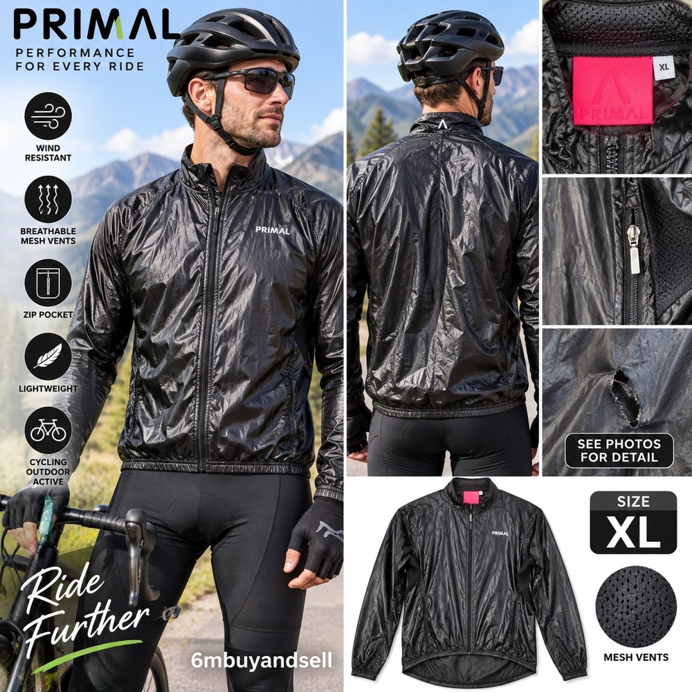 Primal Wear Mens XL Black Cycling Windbreaker Jacket Full Zip Mesh Vents Pocket